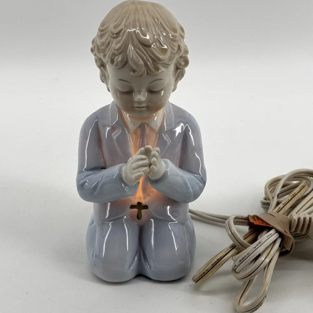 Vintage Nursery Night Light Bisque Porcelain Lamp Boy Praying Rosary